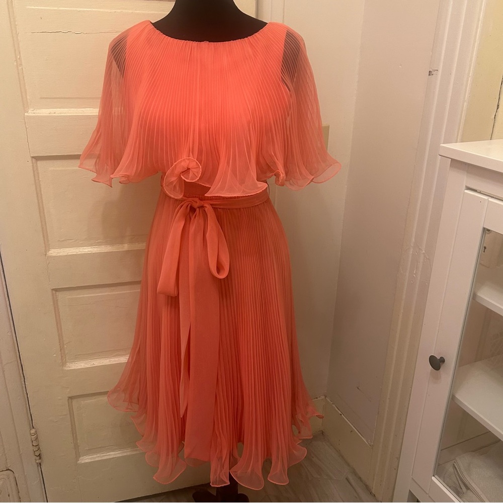 Miss Elliette Coral Pleated Midi Dress